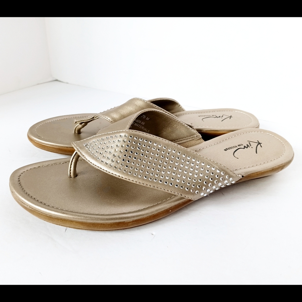 🖤 Kim Rogers Angey Gold Rhinestone Sandals Flip Flops Womens 7.5